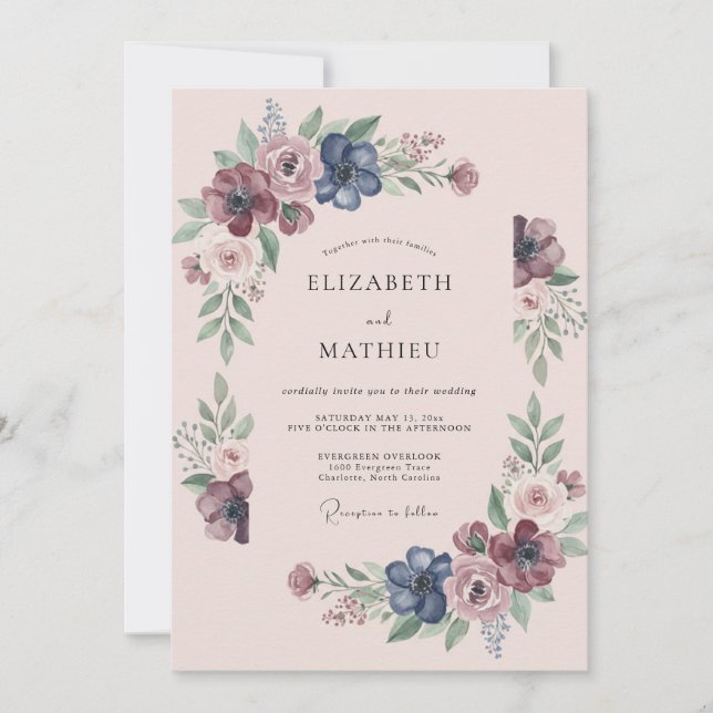 Invitation Mariage Fleur Sauvage Prune Indigo (Devant)