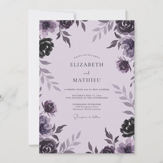 Invitation Mariage Fleur Sauvage Prune Lavande (Devant)