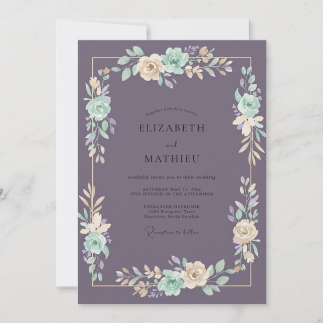Invitation Mariage Fleur Sauvage Prune Menthe (Devant)