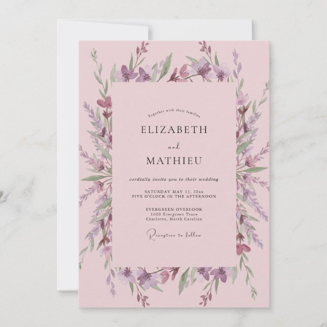 Invitation Mariage Fleur Sauvage Rose Lilas (Devant)