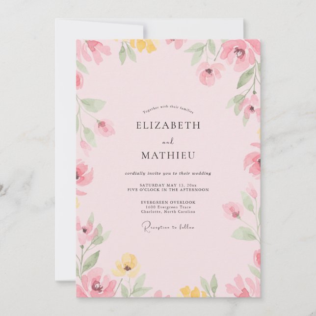 Invitation Mariage Fleur Sauvage Rose Pâle (Devant)