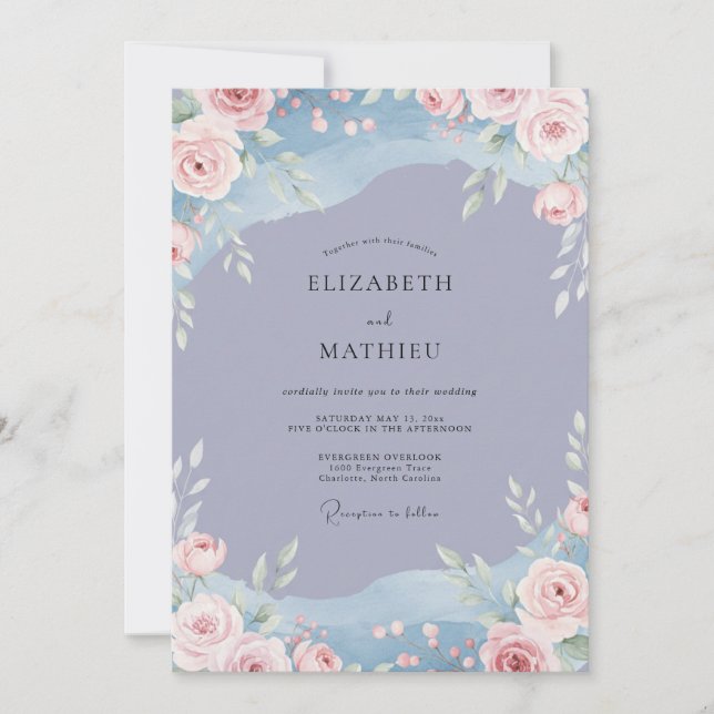 Invitation Mariage Fleur Sauvage Rose Pâle et Pervenche (Devant)
