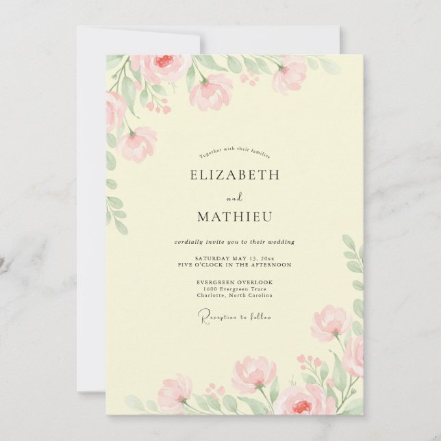 Invitation Mariage Fleur Sauvage Rose Pâle Jaune (Devant)