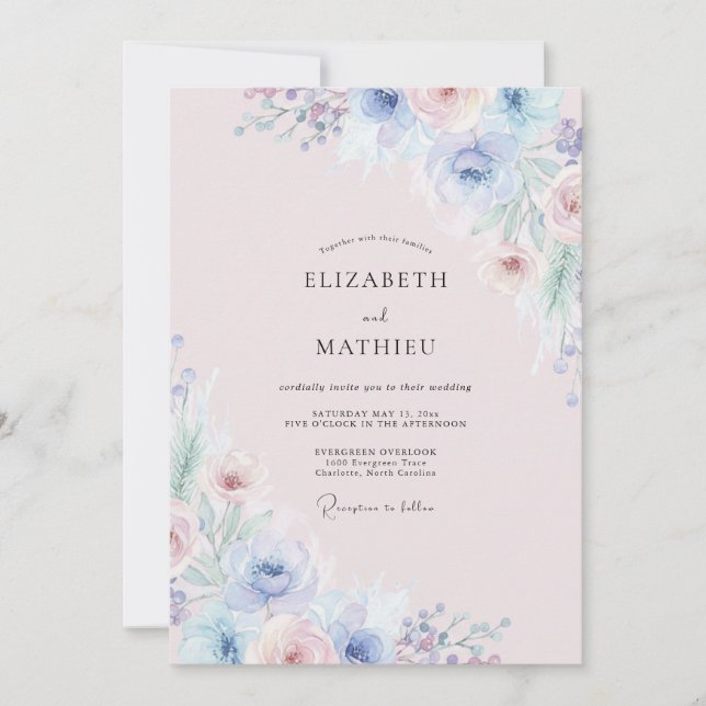 Invitation Mariage Fleur Sauvage Rose Pervenche (Devant)