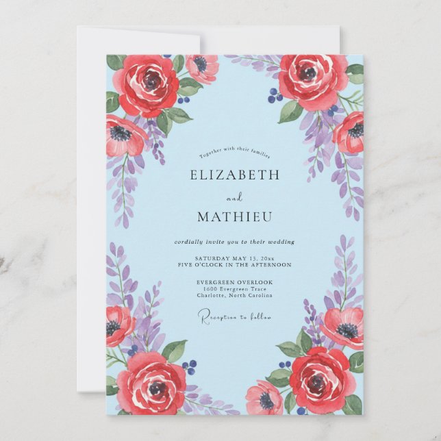 Invitation Mariage Fleur Sauvage Rouge Azur (Devant)