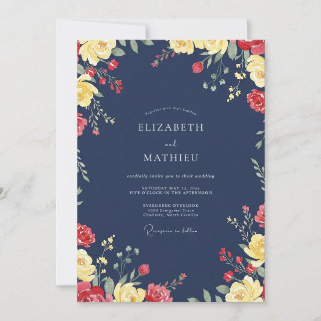 Invitation Mariage Fleur Sauvage Rouge de Minuit (Devant)