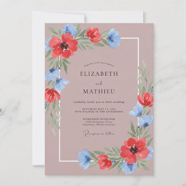 Invitation Mariage Fleur Sauvage Rouge Mauve (Devant)