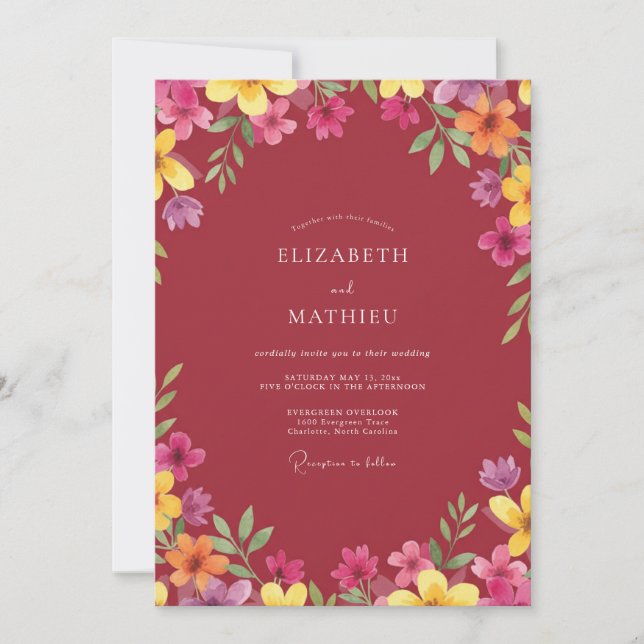 Invitation Mariage Fleur Sauvage Rouge Profond (Devant)