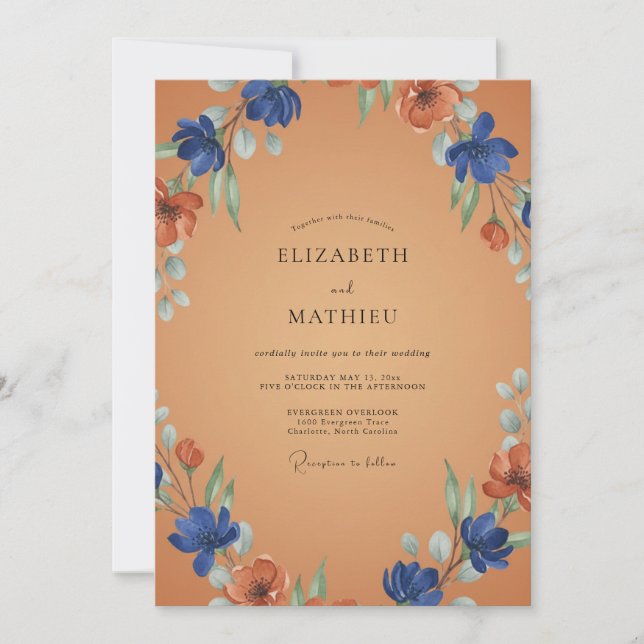 Invitation Mariage Fleur Sauvage Rouille de Cobalt (Devant)