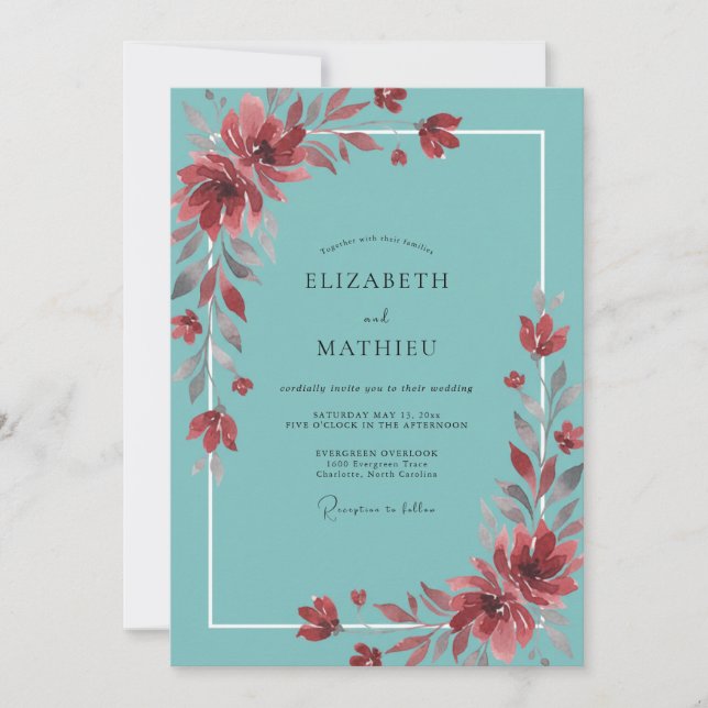 Invitation Mariage Fleur Sauvage Rouille Turquoise (Devant)
