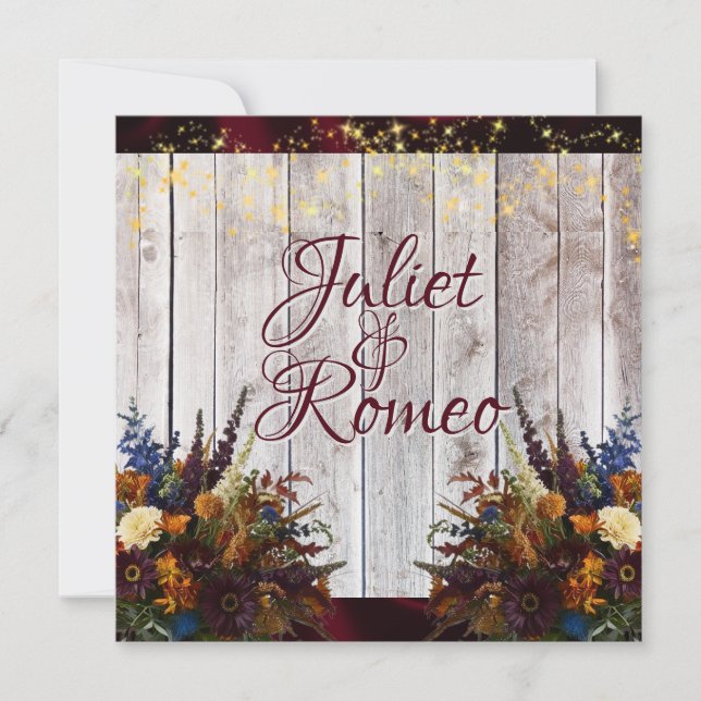 Invitation Mariage fleur sauvage, Ruban Bourgogne & Lumières (Devant)