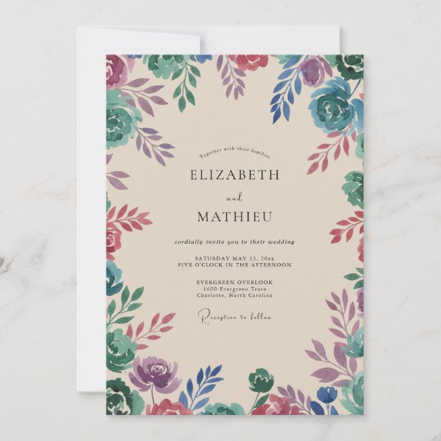 Invitation Mariage Fleur Sauvage Sarcelle Prune (Devant)