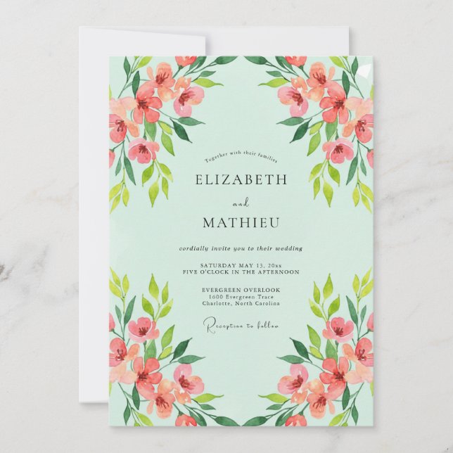 Invitation Mariage Fleur Sauvage Saumon Menthe (Devant)