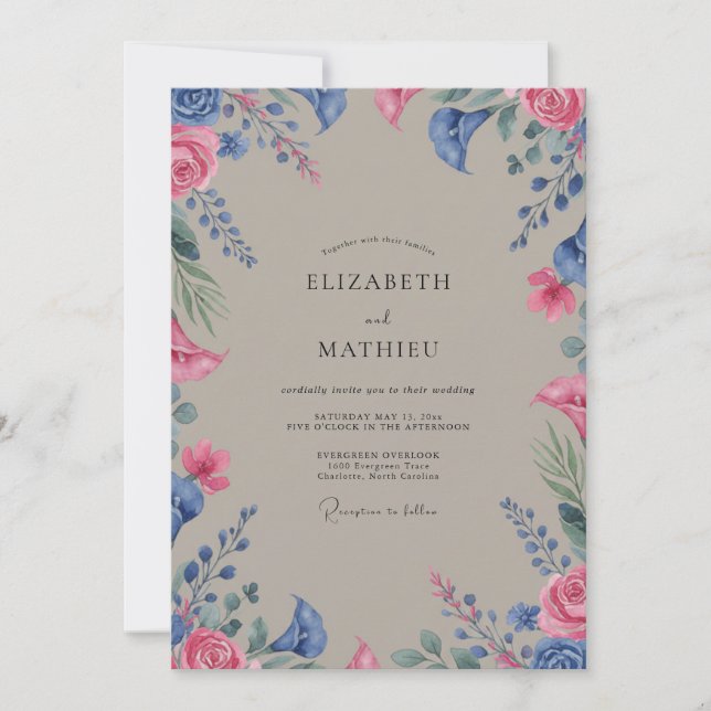 Invitation Mariage Fleur Sauvage Taupe Magenta (Devant)