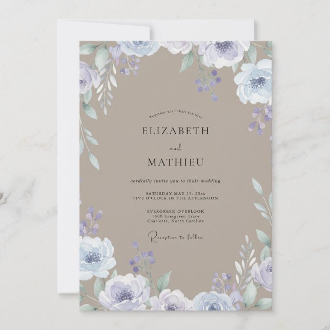 Invitation Mariage Fleur Sauvage Taupe Pervenche (Devant)
