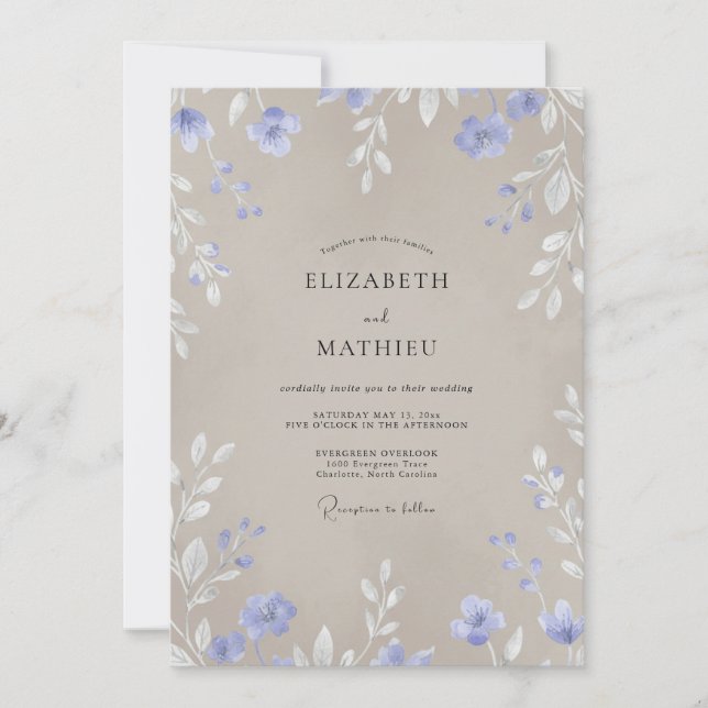 Invitation Mariage Fleur Sauvage Taupe Pervenche (Devant)