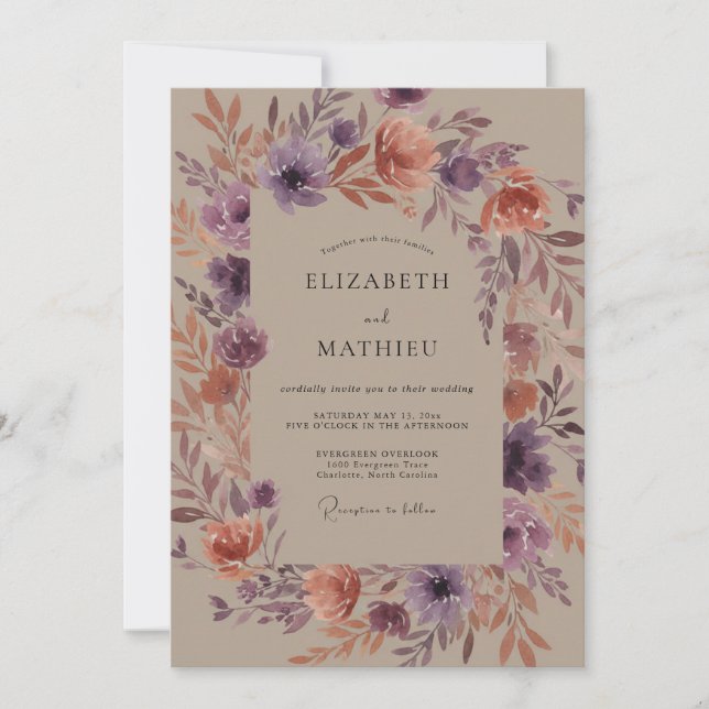 Invitation Mariage Fleur Sauvage Terre Cuite Améthyste (Devant)