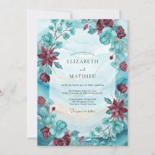 Invitation Mariage Fleur Sauvage Turquoise Bordeaux