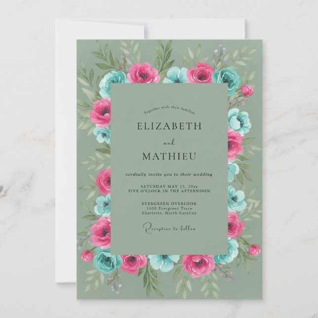 Invitation Mariage Fleur Sauvage Turquoise Fuchsia (Devant)