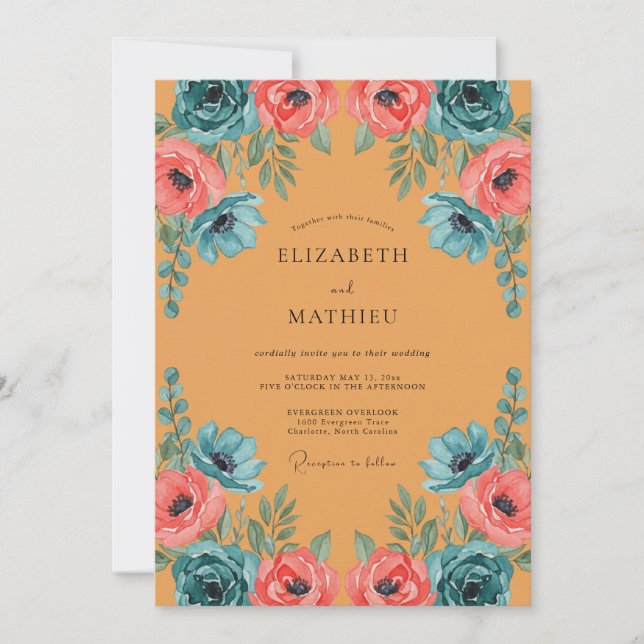 Invitation Mariage Fleur Sauvage Turquoise Moutarde (Devant)