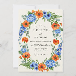 Invitation Mariage Fleur Sauvage Vibrante Bleu Orange