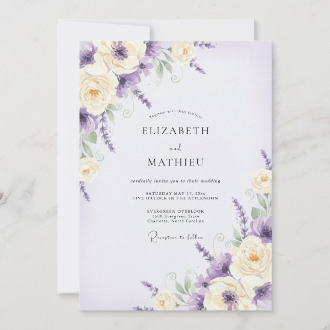 Invitation Mariage Fleur Sauvage Violet Améthyste (Devant)