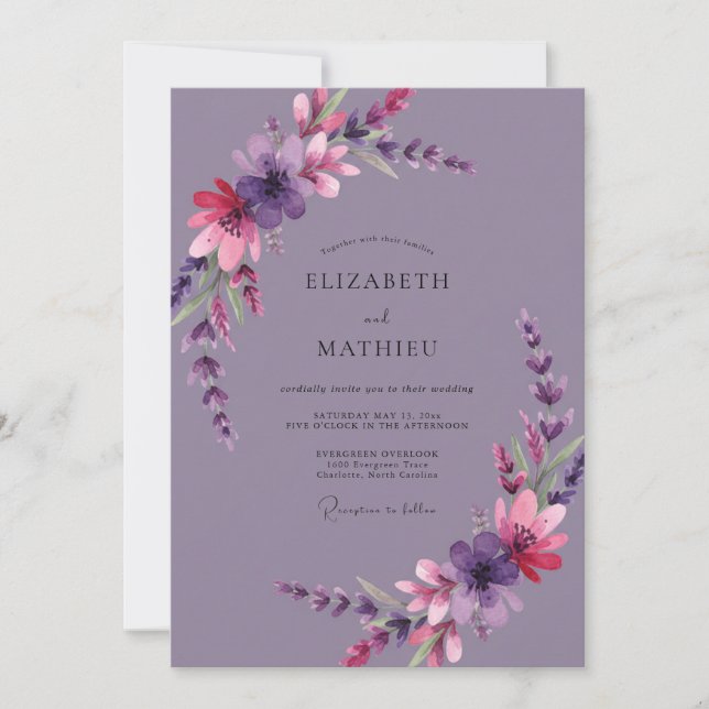 Invitation Mariage Fleur Sauvage Violet Atténué (Devant)