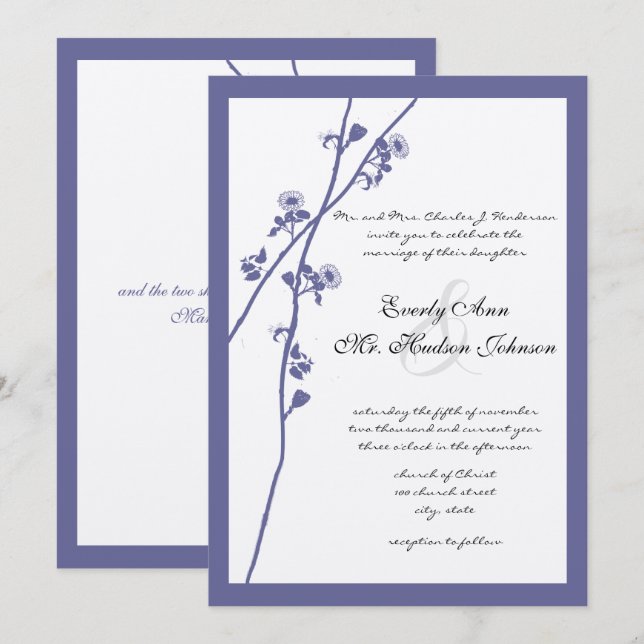 Invitation Mariage Fleur Sauvage Violet Crépuscule Pervenche  (Devant / Derrière)