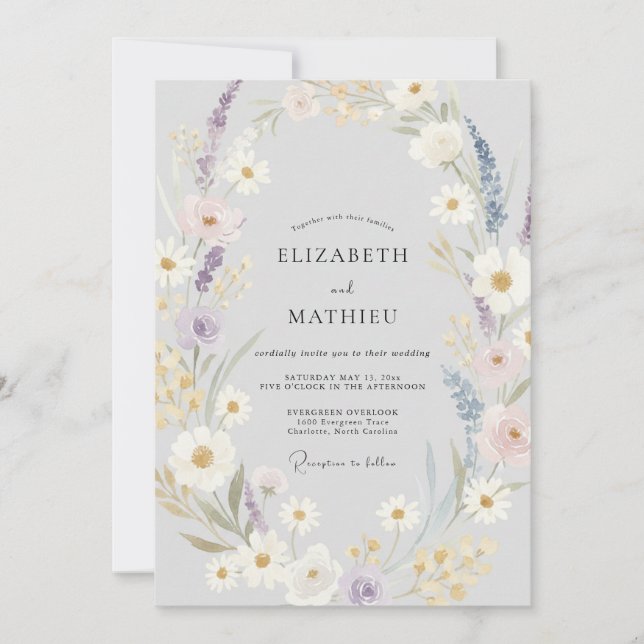 Invitation Mariage Fleur Sauvage Violette Argentée (Devant)