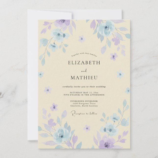 Invitation Mariage Fleur Sauvage Violette Crème (Devant)