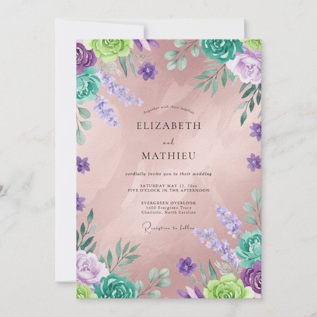 Invitation Mariage Fleur Sauvage Violette Menthe (Devant)