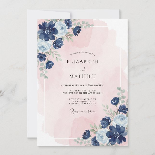 Invitation Mariage Fleur Sérénité Bleu Marine (Devant)