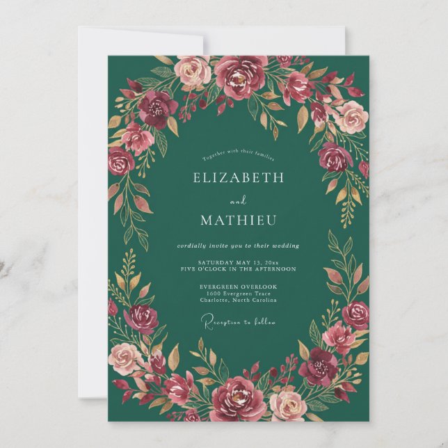 Invitation Mariage Fleur Solennelle de Vert Forêt (Devant)