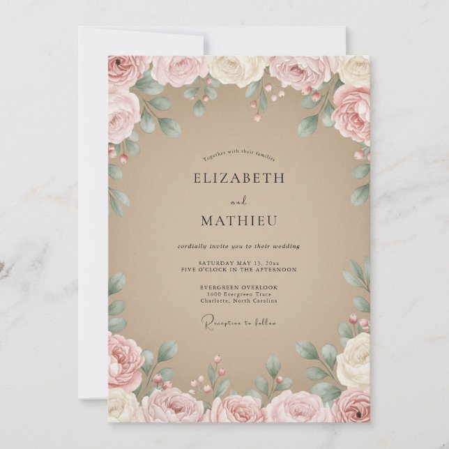 Invitation Mariage Fleur Taupe Mauve (Devant)