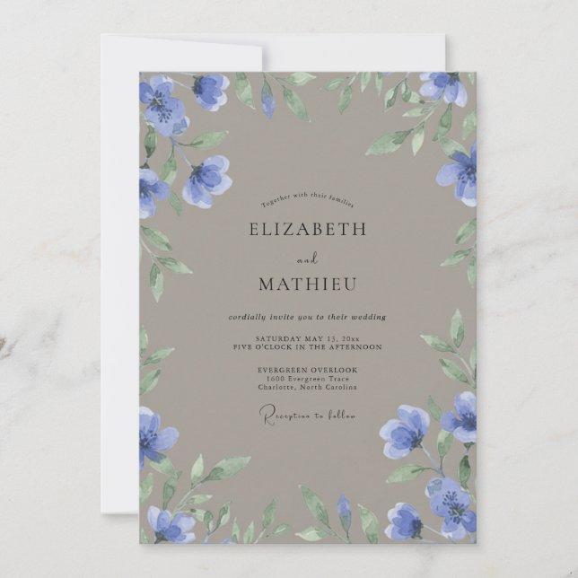Invitation Mariage Fleur Taupe Pervenche (Devant)