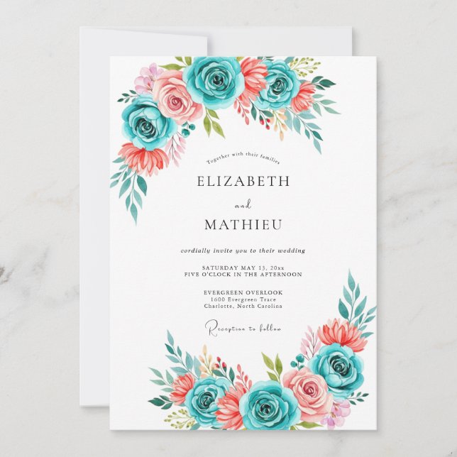 Invitation Mariage Fleur Teal Corail de Style Pictural (Devant)