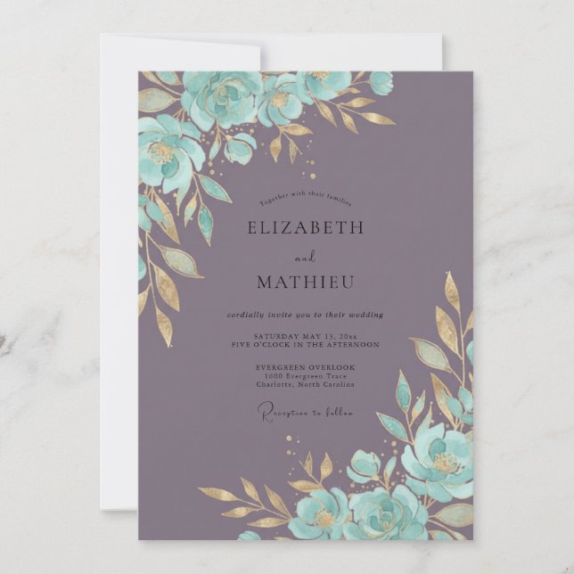 Invitation Mariage Fleur Teal Mauve (Devant)