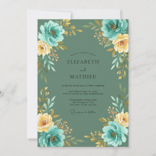 Invitation Mariage Fleur Teal Or