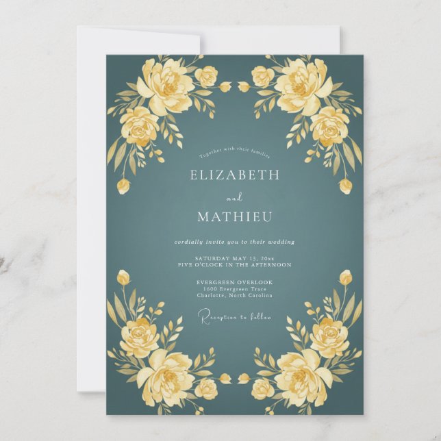 Invitation Mariage Fleur Teintée de Sarcelle (Devant)