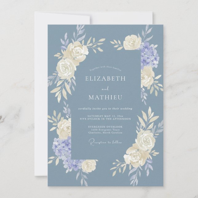 Invitation Mariage Fleur Tranquille Bleu Poussiéreux (Devant)