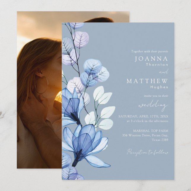 Invitation Mariage Fleur Transparent Photo Bleu Poussiéreux (Devant / Derrière)