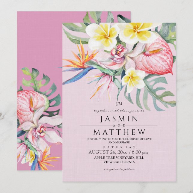 Invitation Mariage Fleur Tropicale Botanique Rose Chaud  (Devant / Derrière)