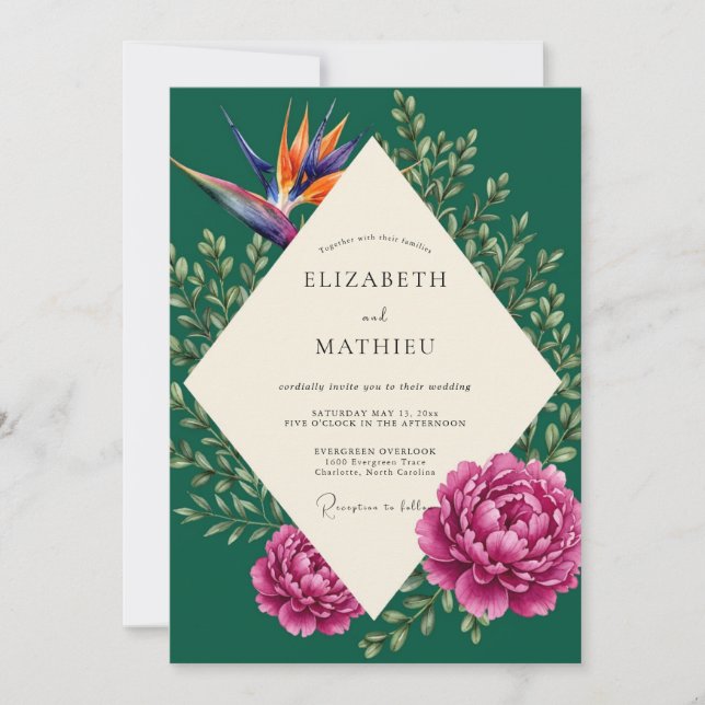 Invitation Mariage Fleur Tropicale Émeraude (Devant)