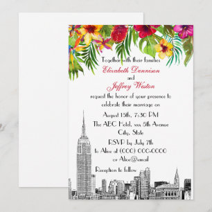 Invitation Mariage Fleur Tropicale Gravure NYC Skyline ESB