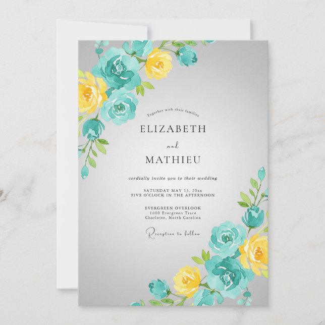 Invitation Mariage Fleur Turquoise Jaune Vintage (Devant)