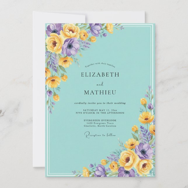 Invitation Mariage Fleur Turquoise Violet (Devant)