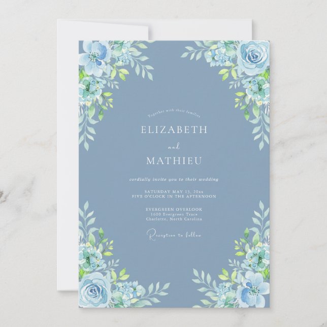 Invitation Mariage Fleur Verdoyante Bleu Ardoise (Devant)