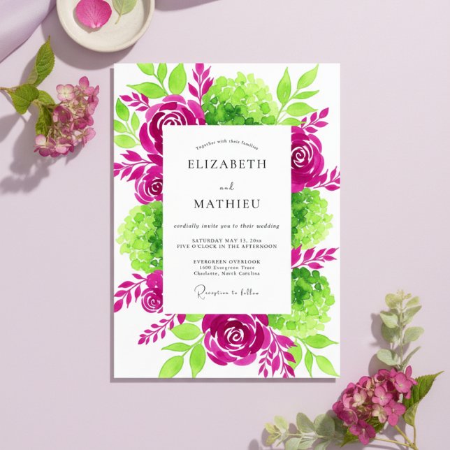 Invitation Mariage Fleur Verte Magenta (Créateur téléchargé)