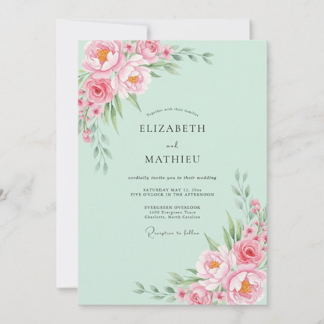 Invitation Mariage Fleur Verte Menthe Peinte (Devant)