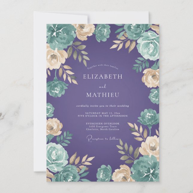 Invitation Mariage Fleur Violet Champagne (Devant)